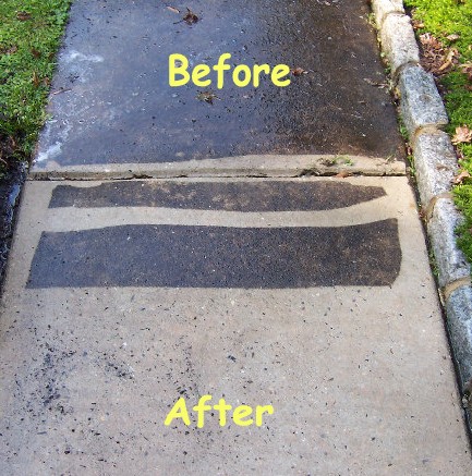 Images of before and after pressure washing a walkway